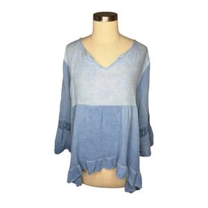 COLETTE Tunic Top Blue‎ Linen Blend Crochet Bell Sleeve Peplum Women's One Size